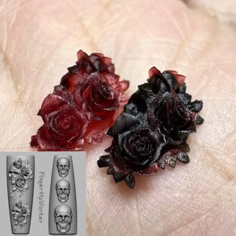 1 pz rosa fiore teschio stampi per nail art in silicone fai da te scheletro design a mano trasparente intaglio stampo decorazioni per nail art