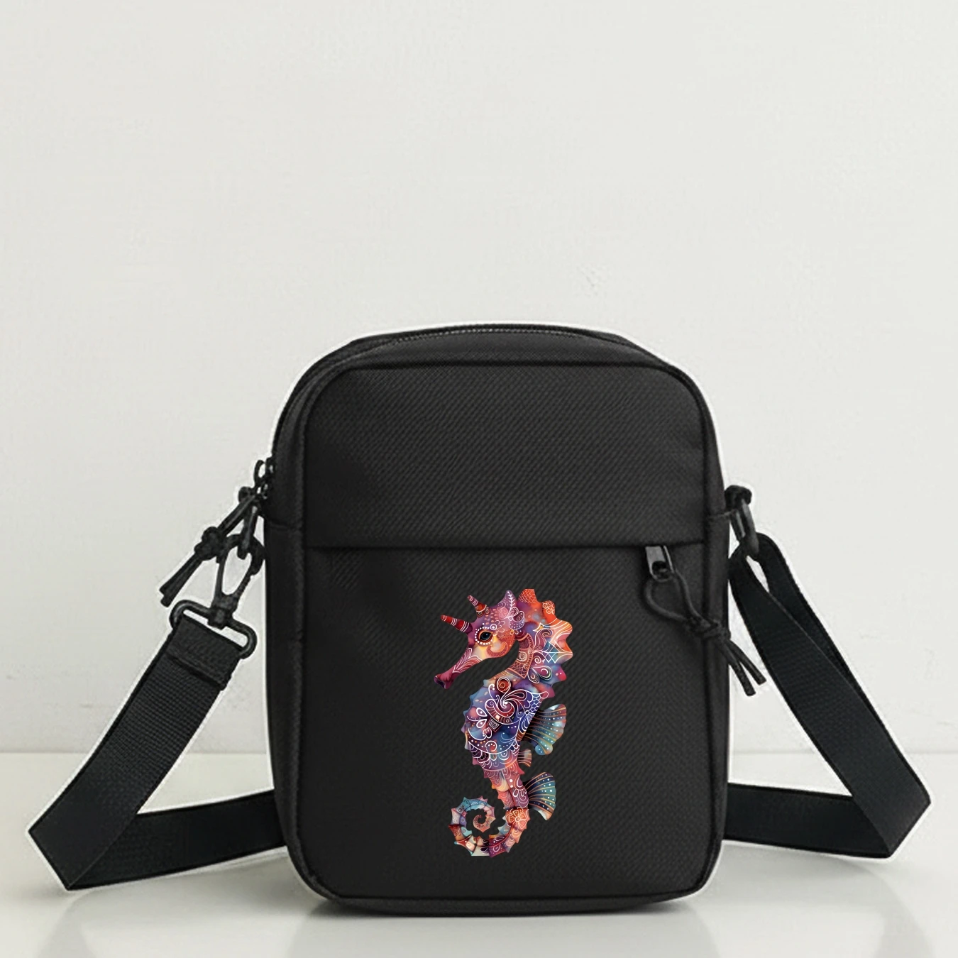 Vibrant Seahorse Print Shoulder Bag with Adjustable Strap, Zipper Closure, Lightweight Tote for Travel, Work, Gym, Concerts