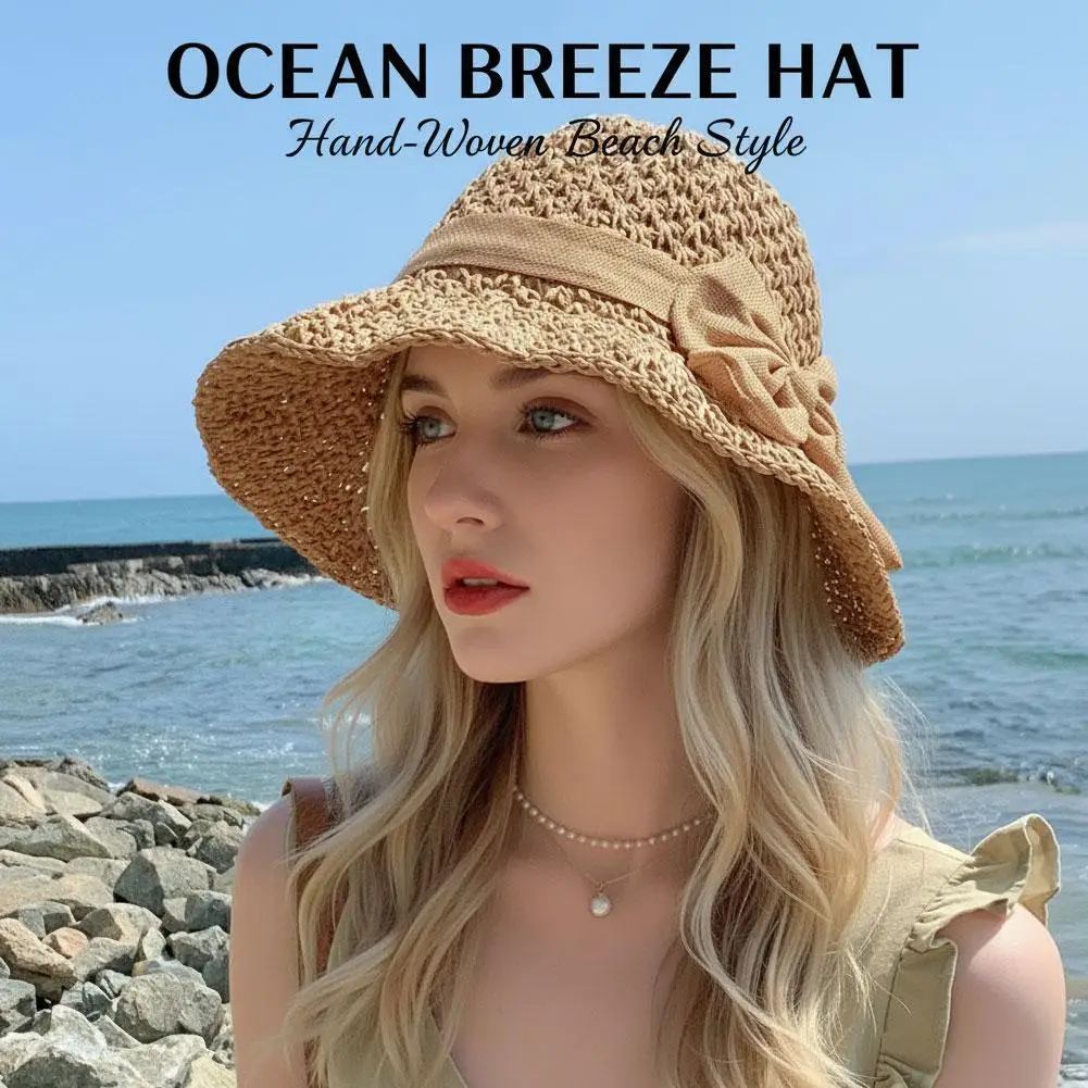 Wide Brim Floppy Beach Sun Hat Hundred Throw Sun Hat,Bucket Cap With Bowknot For Girls,Beach Sun Straw Hats  For Vacation Travel