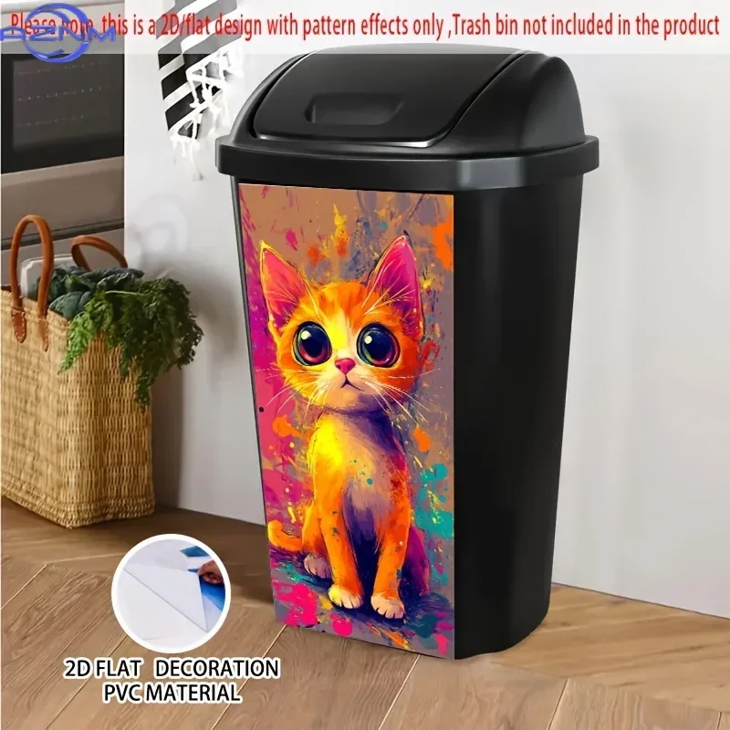 of 2D/Flat, Vibrant Big-Eyed Orange Cat Self-Adhesive Stickers for Dustbins, Measuring 14.57×32.28 Inches, Featuring a Big-Eye