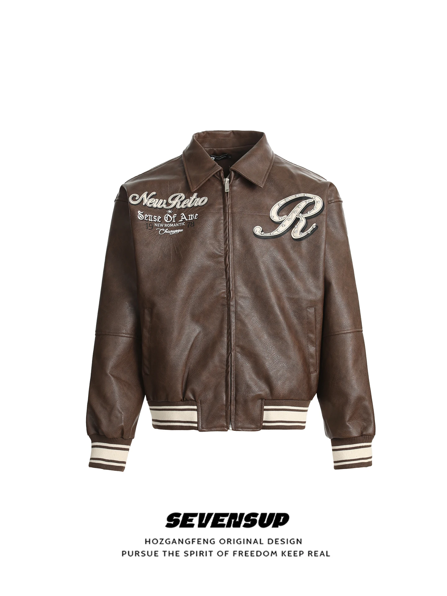 

SEVP American Retro Heavy Du Rhinestone Embroidered PU Leather Jaet ort Biker Sle Collar Baseball Coat Men Women