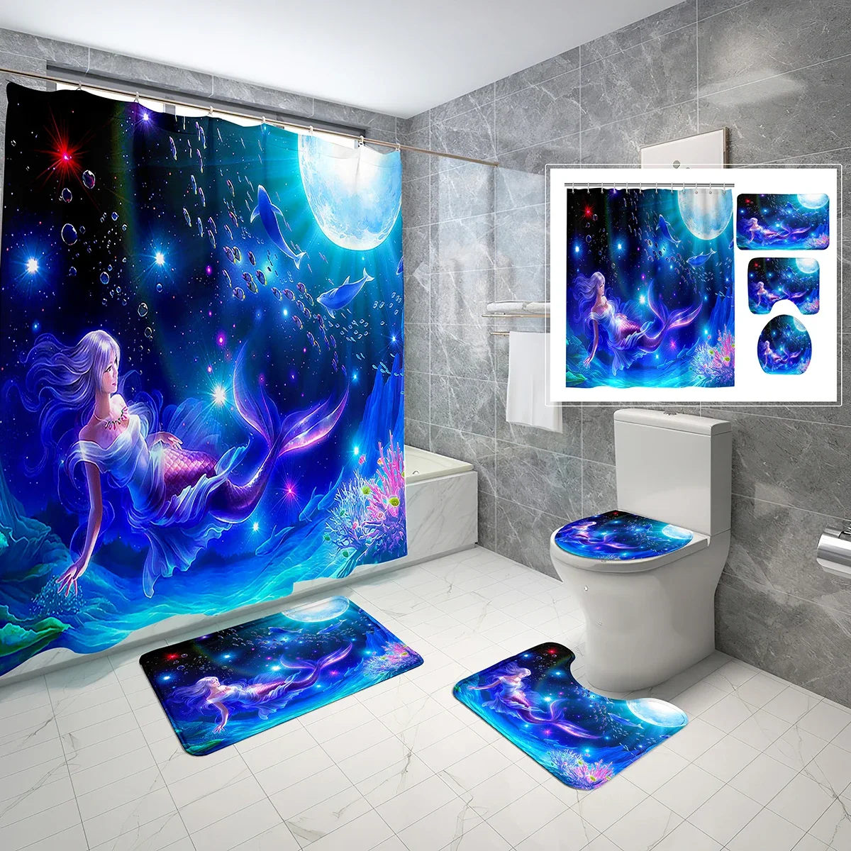 

Mermaid Theme Shower Curtain Set Greek Mythology Mermaid 4 Pcs Shower Curtain Bathroom Non-Slip Bath Mat Toilet Cover