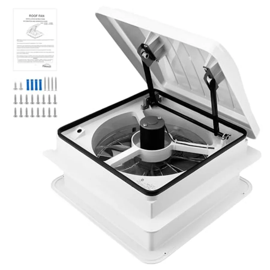 14 RV Roof Vent Fan with LED Light - 4 Speed Reversible 12V Deluxe Electric Open Roof Vent with Touch On-Off and Speed Controls