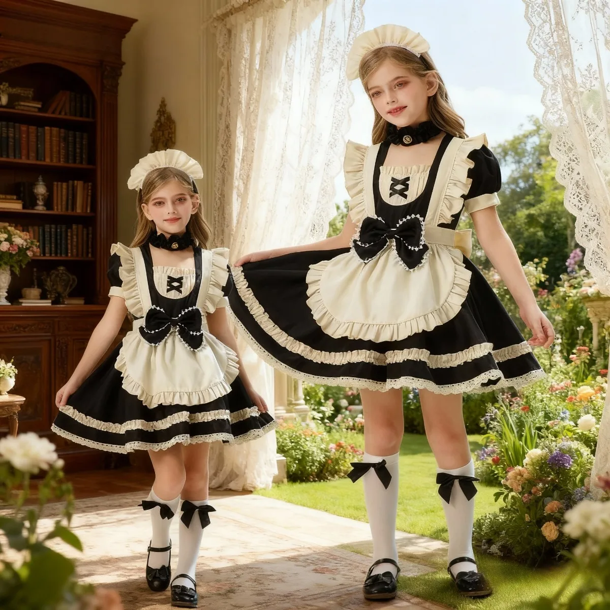 

Платье горничной в викторианском стиле Лолиты для девочек 3-6 лет с кружевным фартуком и головным убором, костюм французской горничной для вечеринки, косплея