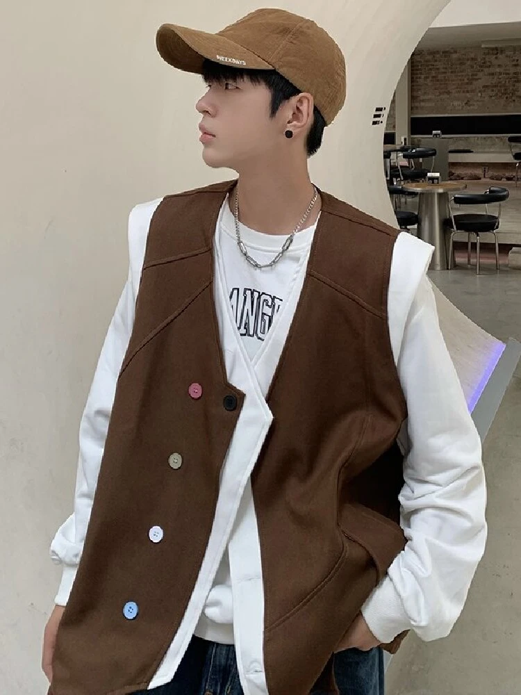 

Осенний новый мужской жилет без швов с V-образным вырезом, нестандартный цвет, дизайн Blo, повседневный свободный крой, модный молодежный тренд