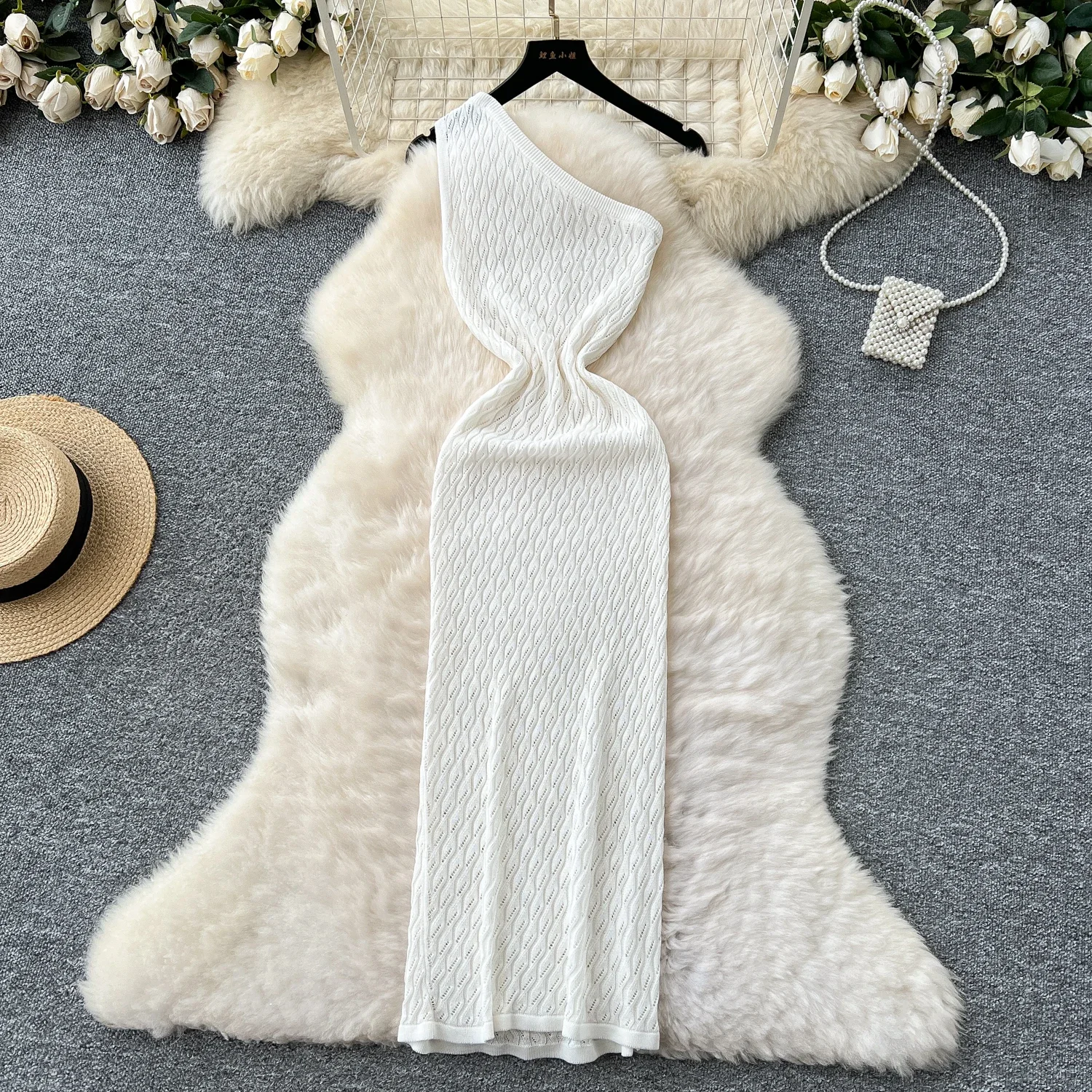 새로운 오프 숄더 니트 드레스 여성 민소매 기질 속이 빈 탄성 여름 우아한 기본 Sundress 맥시 롱 드레스