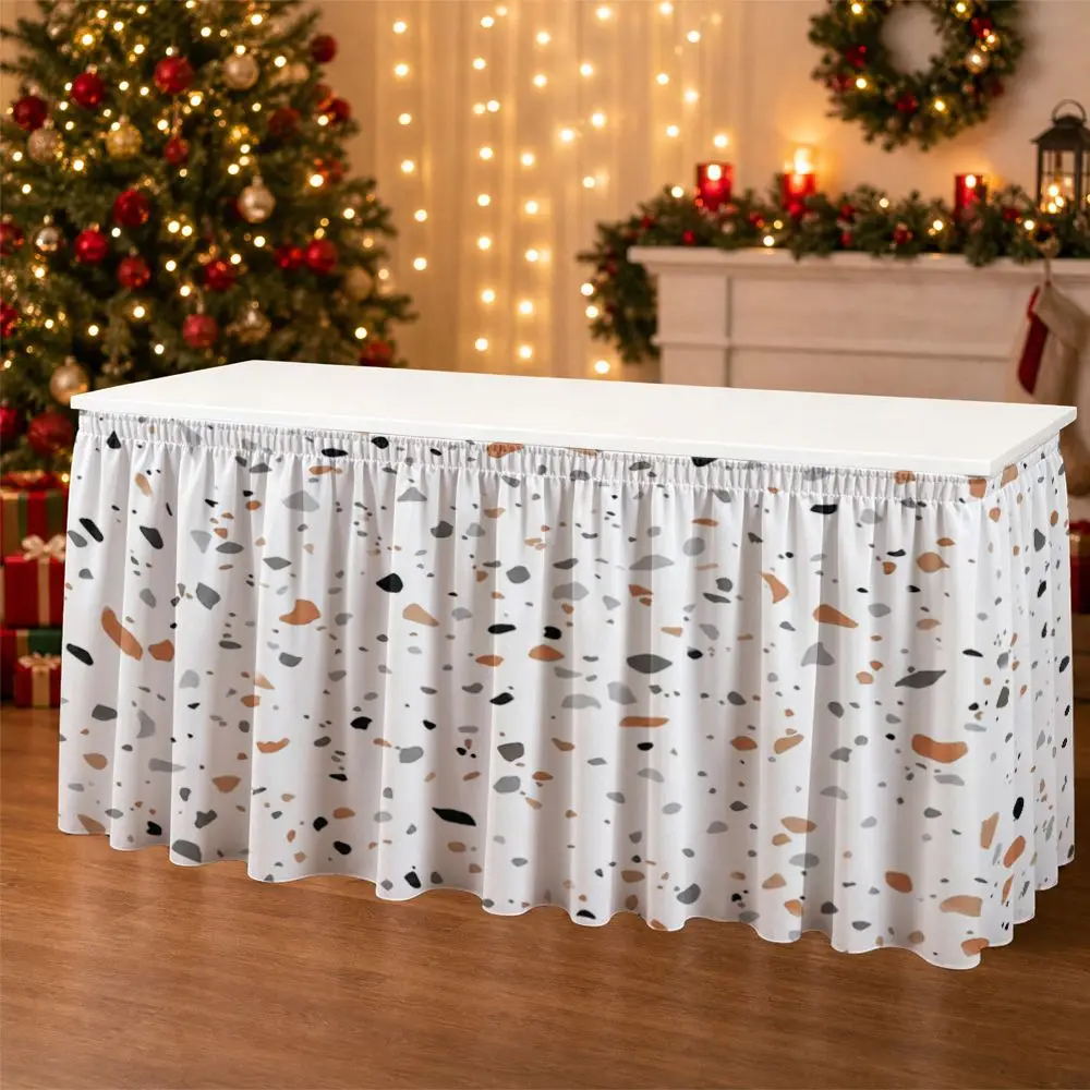 One-piece table skirt decoration with waterstone pattern, orange, gray and black dotted design, and ruffled edge tablecloth.