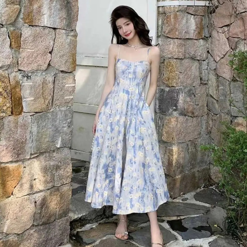 Slim Fit French Blue Oil Painting Slip Dress Waist-Cinching Spaghetti Strap Women's Floral Long Skirt Beach Vacation