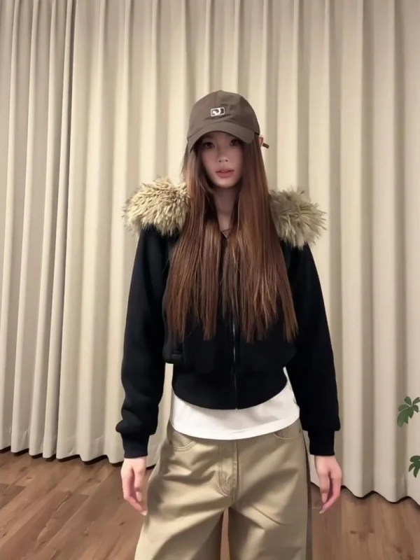 

Американская женская приталенная куртка с капюшоном и меховым воротником, весенняя, для ранней весны, для повседневной носки, с длинными рукавами, на молнии