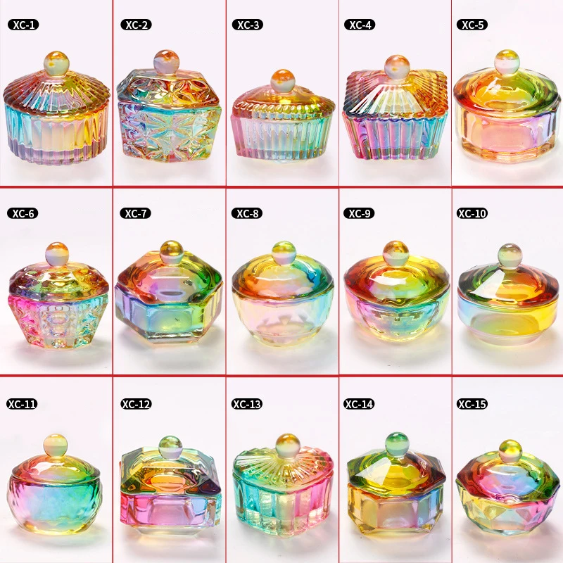 Taza de cristal de colores con tapa, polvo acrílico para decoración de uñas, vaso de cristal líquido, plato, herramientas de manicura, 1 Uds.