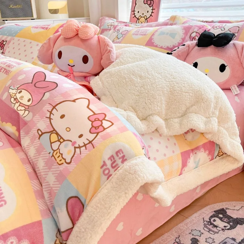 Kawaii kuromi olá kitty minha melodia cinnamoroll pompompurin sanrio crianças bonito capa de edredão de pelúcia lençol presente para crianças