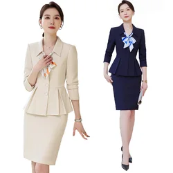 2024 New Spring Female Elegant Women's Skirt Suits Apricot Navy Blue Blazer +Trouser Bussiness Jacket Office Lady 2 Pieces Set