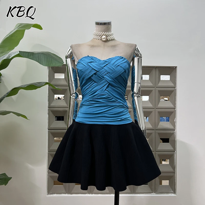 

KBQ Elegant Chic Two Piece Sets for Women Strapless Sleeveless Backless Tops High Waist A Line Skirts French Set Female Autumn