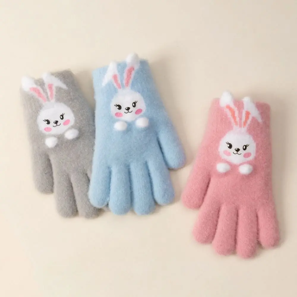 

Cute High Elasticity Five Finger Gloves Windproof Thickened Rabbit Knitted Mittens Cartoon Unisex Cold-Proof Gloves Winter