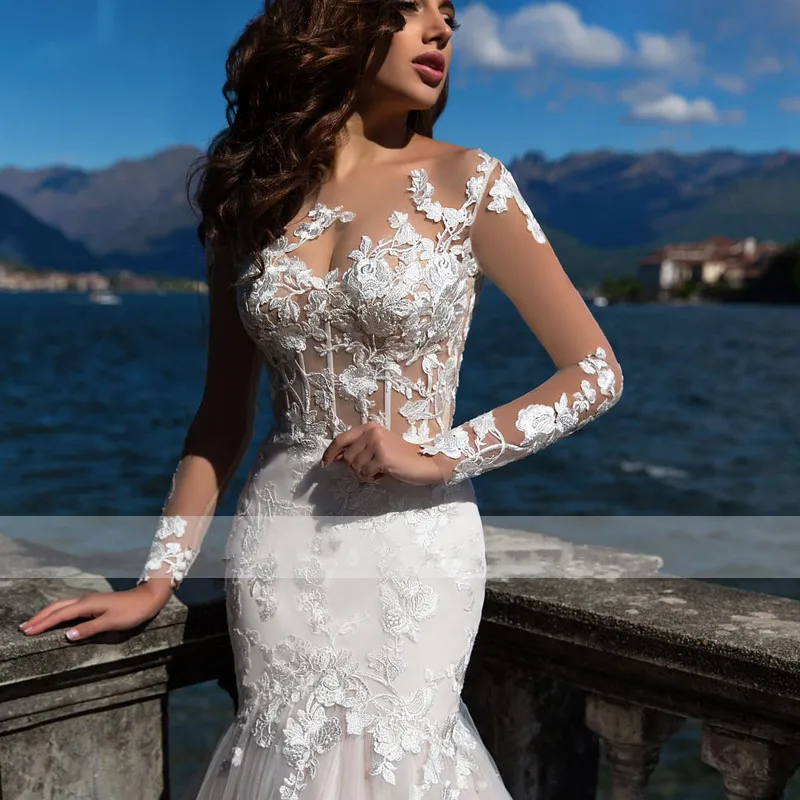 Vestido de novia de manga larga con cuello redondo y botones de sirena para mujer, vestido de novia adornado de tul blanco, 2023