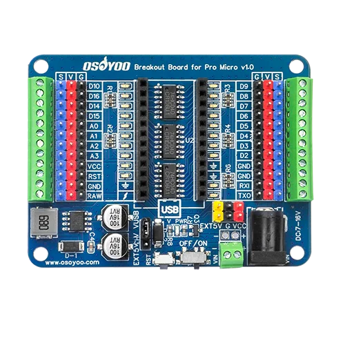 OSOYOO Pro Micro Shiled Breakout Board - GPIO Status LEDs, Power Protection, 3-Pin Sensor/Servo Ports, 5V/2A Independent Power S