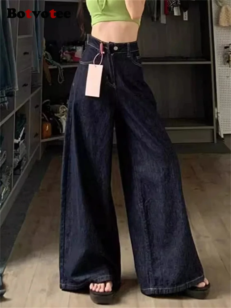 

Botvotee 2025 Женские джинсовые синие широкие джинсы - прямые осенние брюки с высокой талией, свободные струящиеся повседневные брюки