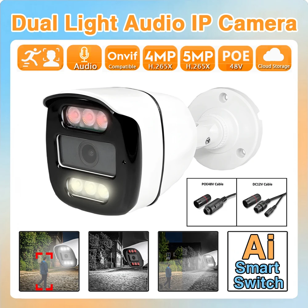 

6LED AI Audio IP Camera 5MP 4MP Night Vision Full Color Dual Mode Xmeye White Light ONVIF Outdoor Waterproof PoE Smart Security