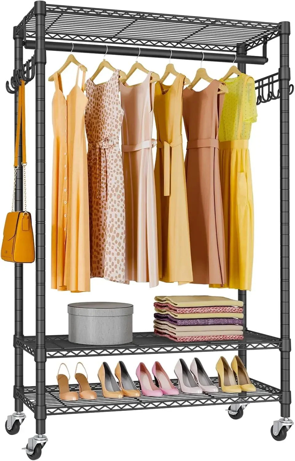 Rolling Garment Rack Heavy Duty Clothes Rack for Hanging Clothes, Portable Closet Wardrobe with Wheels and Side Hooks