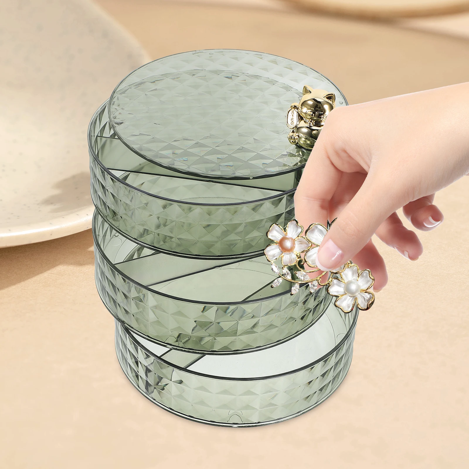 

Rotating Desktop Storage Box Transparent Green 3 Layers Jewelry Organizer Case for Rings Earrings Necklaces Bracelets Travel