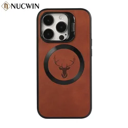 Luxury Leather Elk Deer Head Case For iPhone 15 14 13 12 Pro Max 15 Plus Invisible Lens Stand Bracket for Magsafe Magnetic Cover
