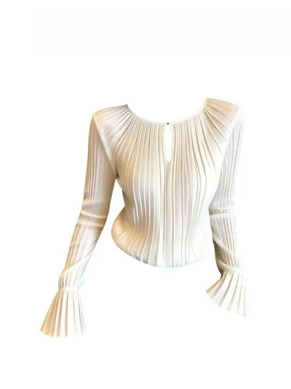 

Молочно-белый женский топ с круглым вырезом и длинным рукавом, универсальный, свободного кроя, весна 2026