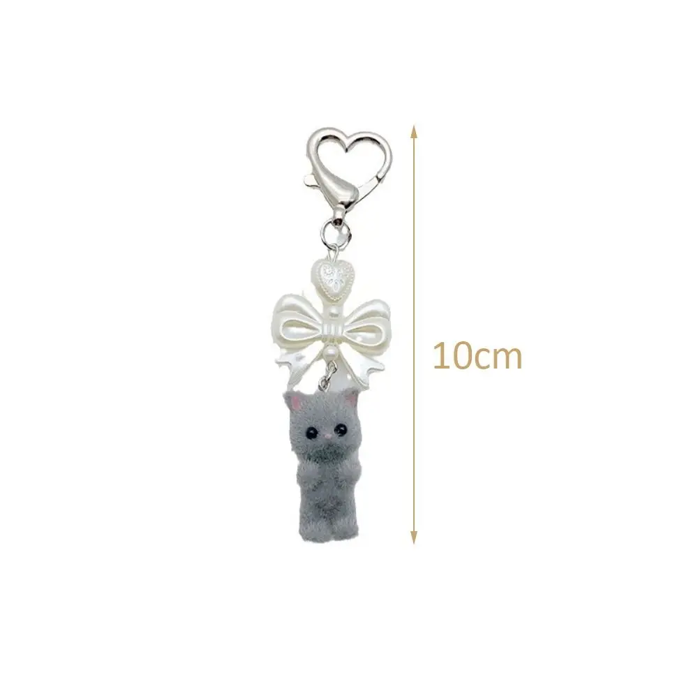 Cute Fuzzy Kitty Cat Heart Bow Keychain for Women Plush Bear Kitten Doll Kawaii Bow Pearl Heart Keyring Backpack Bag Pendant