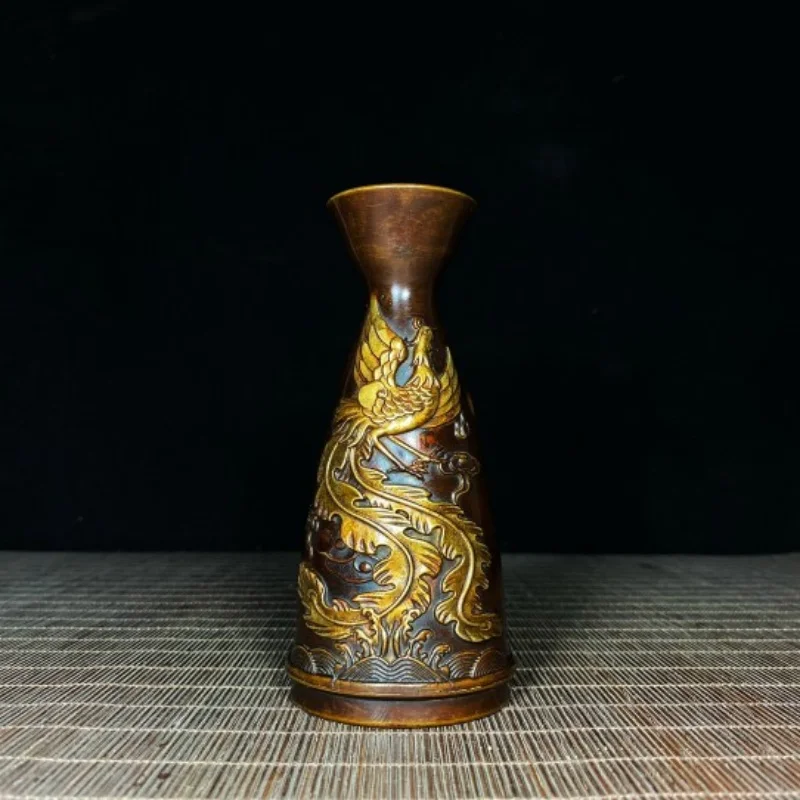 Antique Copper Chinese Collection Gilded Dragon and Phoenix Auspicious Vase Home desktop Decoration