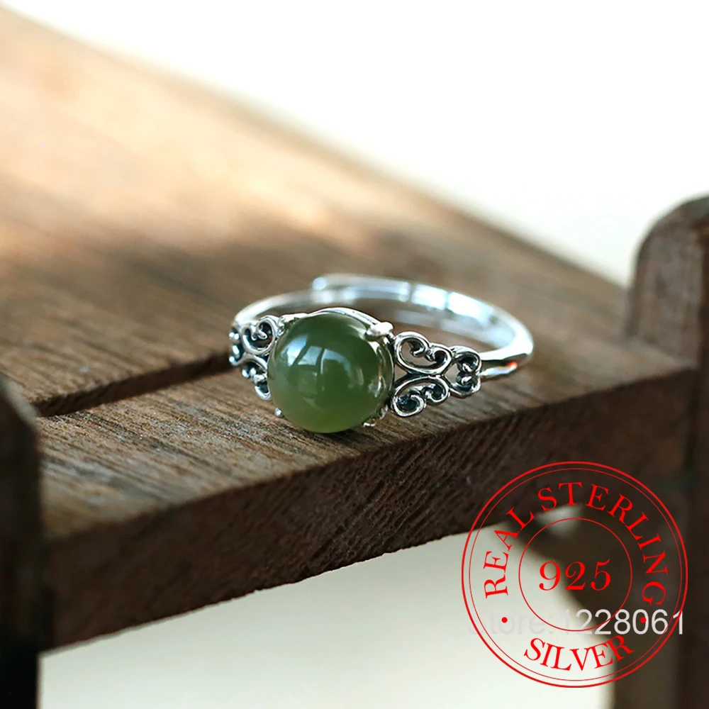 

Ювелирные изделия из стерлингового серебра 925 пробы, кольца на палец с натуральным нефритом и ажурным узором для женщин, свадебные украшения, подарок для подруги