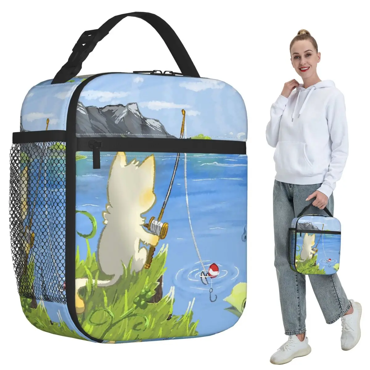 

Термосумка для обедов с мультяшным котом-рыбаком для детей, школьный термоконтейнер для еды, портативный ланч-бокс