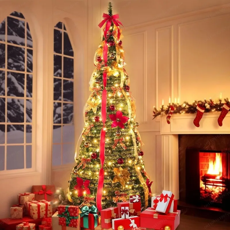 180CM Pre‑Lit Foldable Christmas Tree, 200 LED Lights Fire‑Resistant Xmas Tree for Indoor Home Decoration