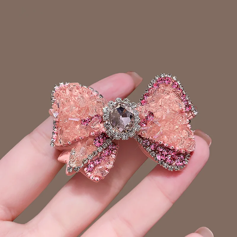 

Sweet Lovely Pink Bow Hair Clip with Diamond New Hair Bangs Straight Hairband Women's Decorate Duckbill Clip Hair Accessories