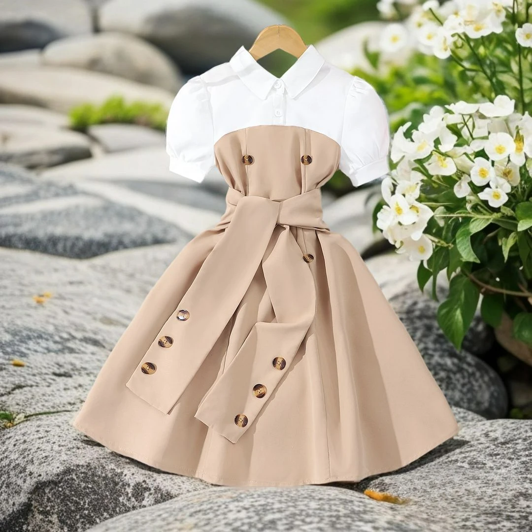 Color Splicing Midi Dress Teens Girl Clothes Short Sleeve 8 9 10 11 12 Years Old Summer Fashion Graceful Khaki Dresses