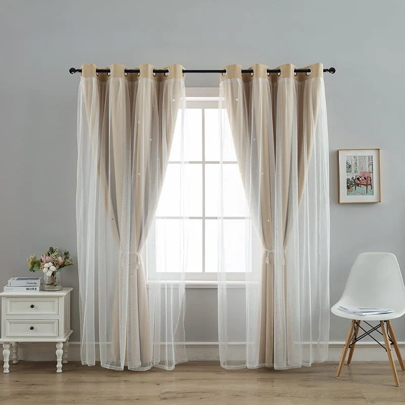 Hollow Star Double-Layer Shading Curtains Bedroom Living Room Soundproof Window Drapes Privacy & Light Filtering Grommet Curtain