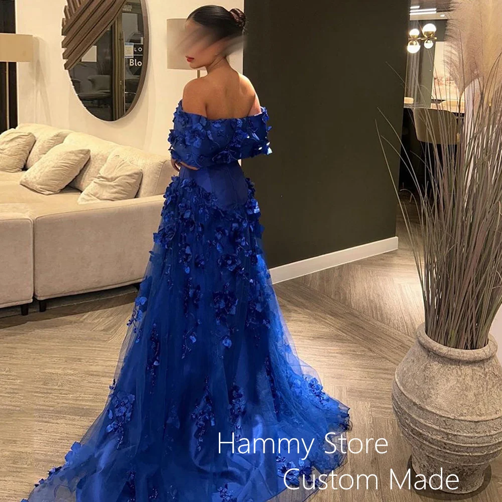 Royal Blue Evening Dress Customized Boat Neck Off The Shoulder Pearls Flower A Line Saudi Arabian Prom Dresses Party Gown