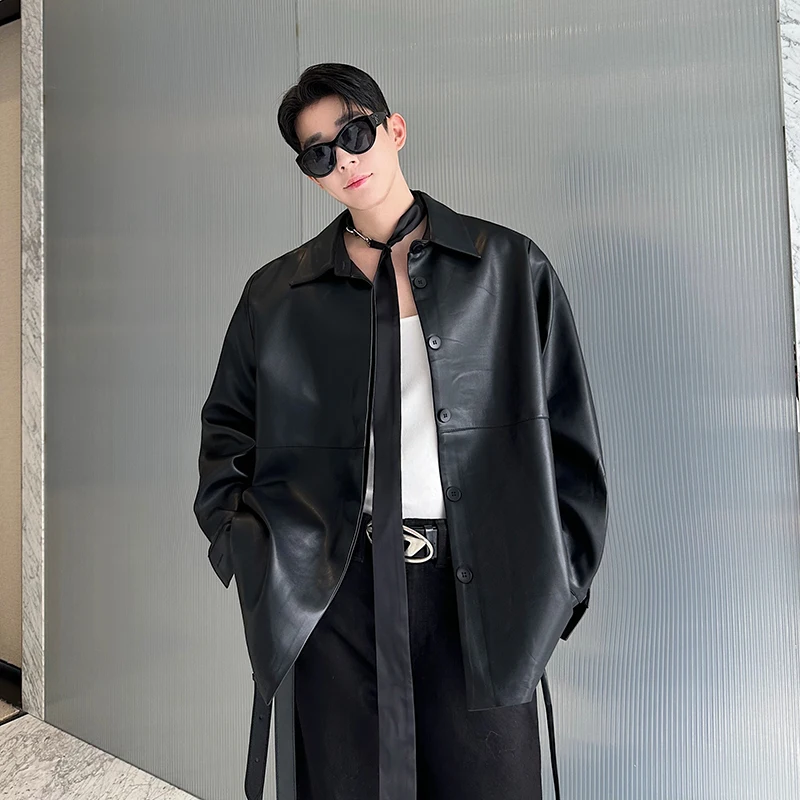 

Мужская куртка из искусственной кожи на осень-зиму, модная, с лоскутным дизайном, поясом на талии, классический свободный крой, молодежный тренд