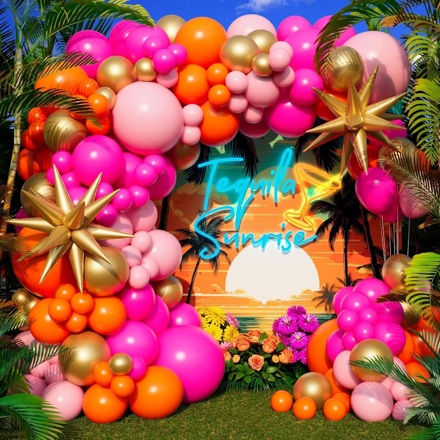 123Pcs Hot Pink and Orange Balloons Arch Kit with Gold Starburst Balloons for Bridal Shower Wedding Birthday Party Decorations view 3