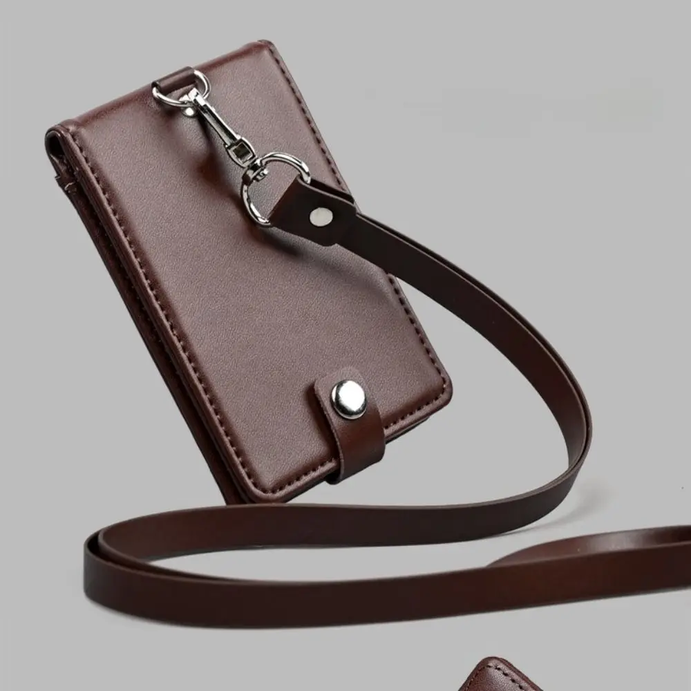 Leather ID Tag Badge Holder Buckle Protective Employee Pass Work Card Case Photocard with Lanyard Flip Chest Card Bag Student