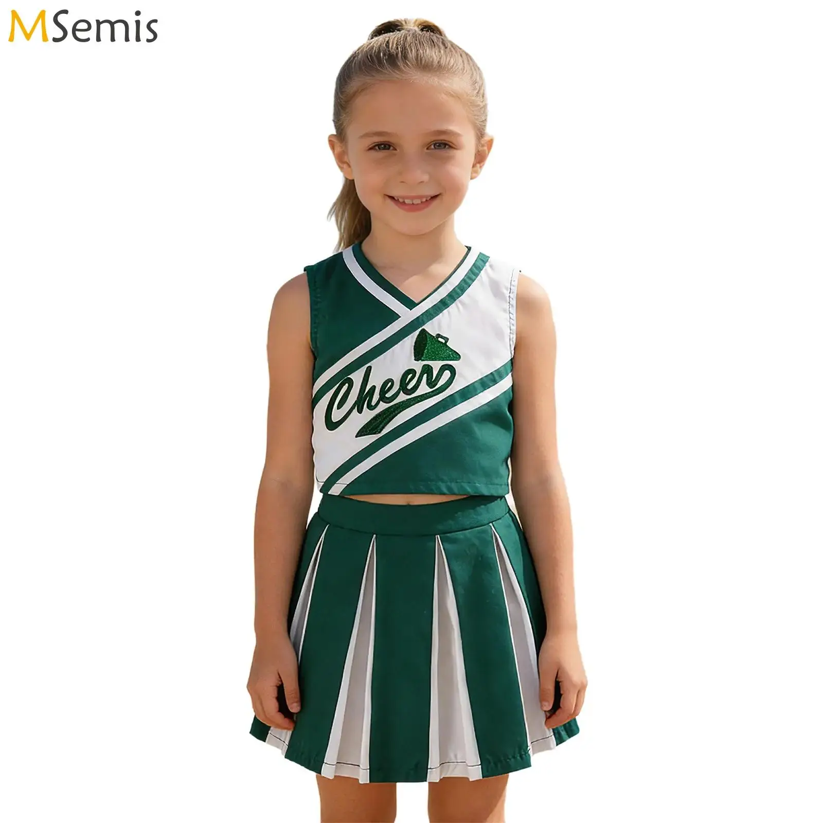 

Детский костюм для девочек в стиле чирлидерш, униформа для чирлидинга, топ без рукавов с вышивкой и рюшами, юбка с оборками, наряд для танцев и чирлидинга.