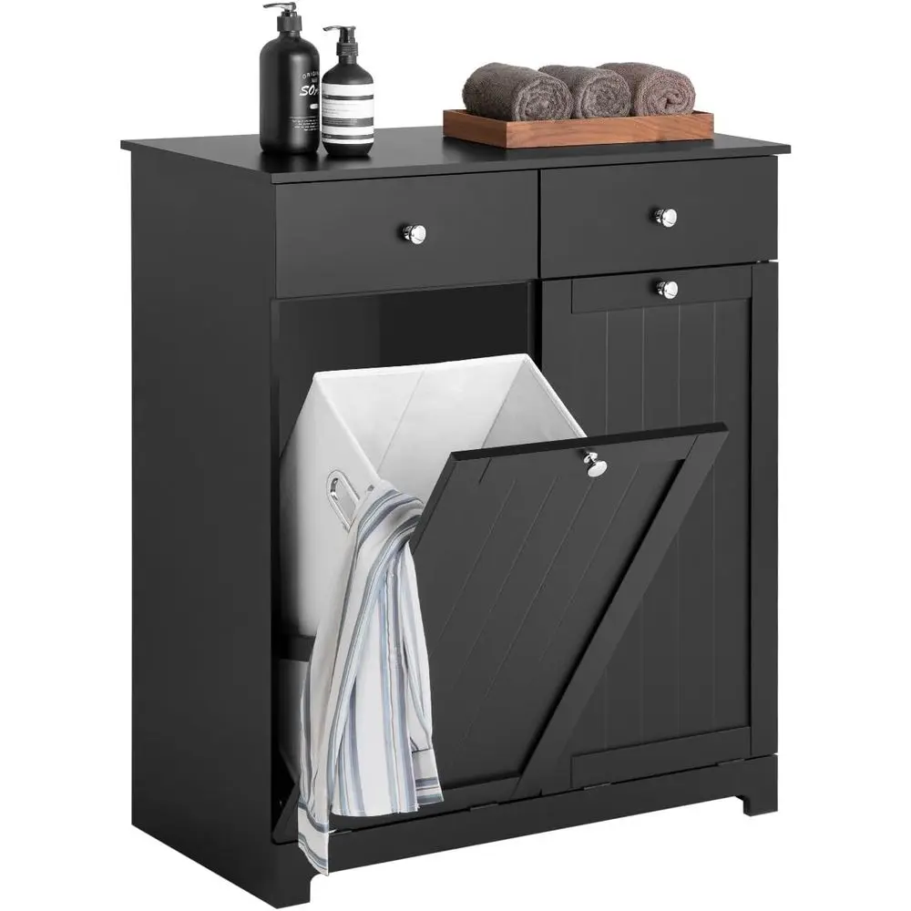 Laundry Hamper Cabinet, 2 Baskets, 35.4 x 14.5 x 29.5 in, Black | Matte Black Out Laundry Storage Cabinet With Dual Baskets, Hid
