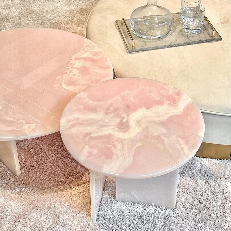 

Italian light luxury minimalist marble living room pink powder jade rock slab coffee table edge corner combination