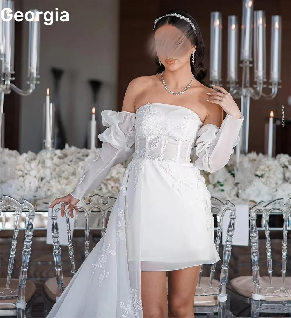 Elegant Evening Dresses Customize Flowers Strapless Floor-Length Dresses For Special Events Zipper Up Mini Long Sleeves Vestidos