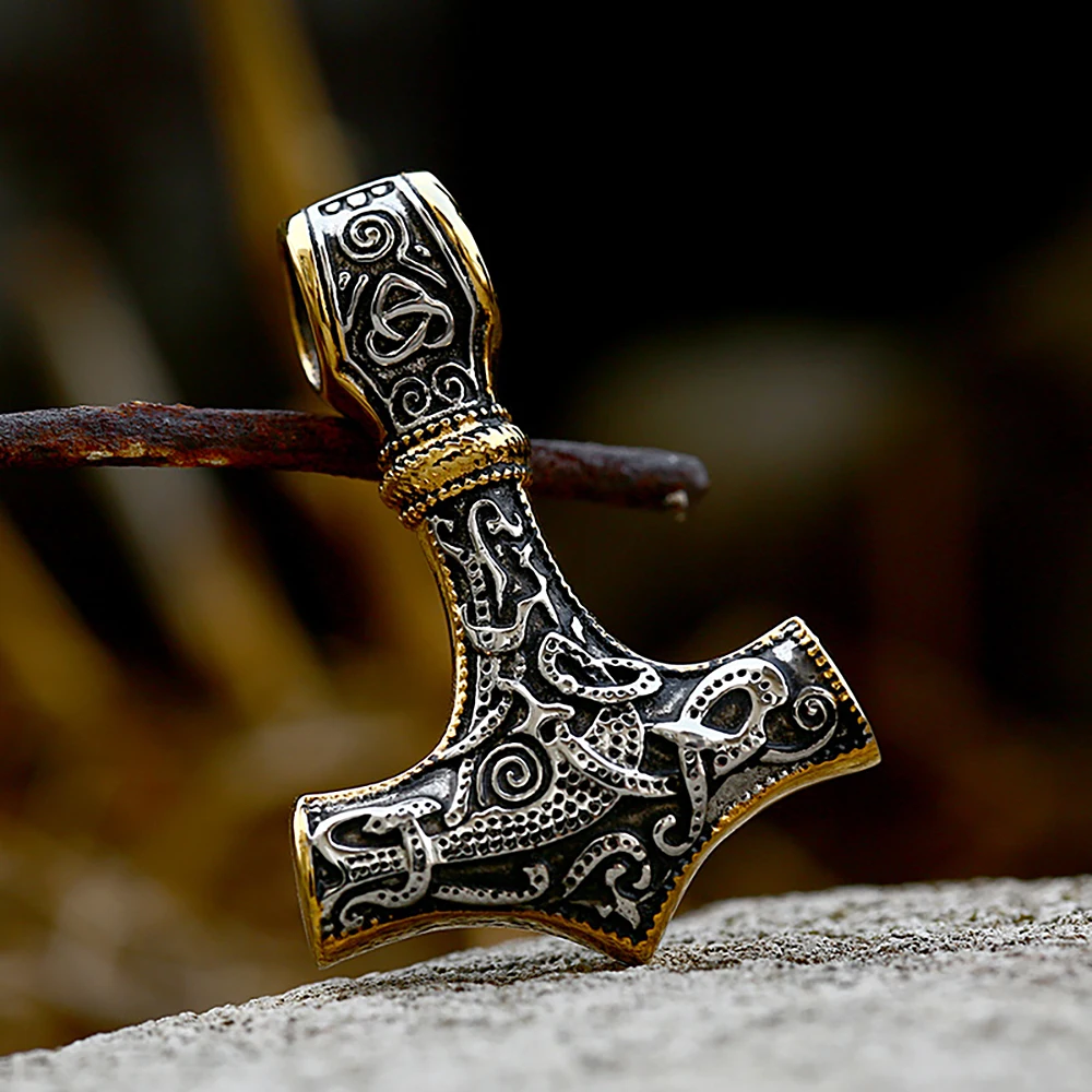 Vintage Stainless Steel Viking Thor\'s Hammer Pendant Necklace For Men Nordic Celtic Knot Necklace Fashion Jewelry Gift Wholesale