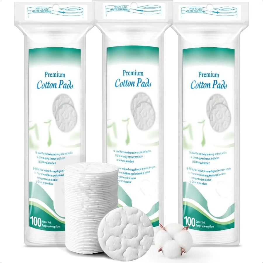プレミアムコットンラウンド（洗顔用）300枚入りメイク落としパッド、100%ピュアナチュラルフェイシャルクレンジングラウンドパッド、低刺激性、糸くずの出ない