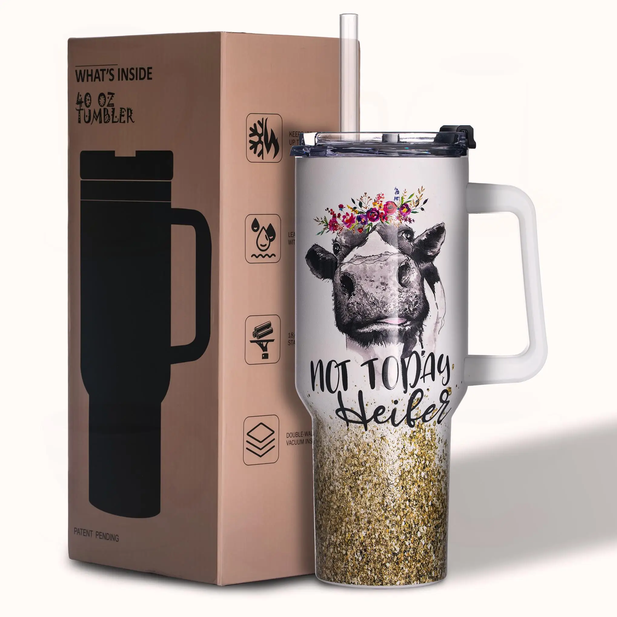 

Funny Cow Glitter 40oz Tumbler with Handle, Stainless Steel Vacuum Insulated Mug, Anti-Slip Bottom, Gift for Wife Mom Coworker