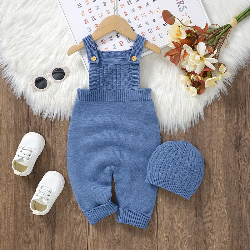 

0-18m Infant Solid Sleeveless Rompers Hat Outfits Spring Fall Winter Knit Newborn Boys Girls Jumpsuits Playsuits Toddler Costume