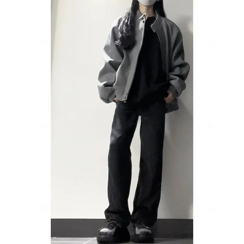 

Spring Autumn New Cool and Sassy Versatile Trendy American Retro Gray Stand-alone Suede Jacket for Women's