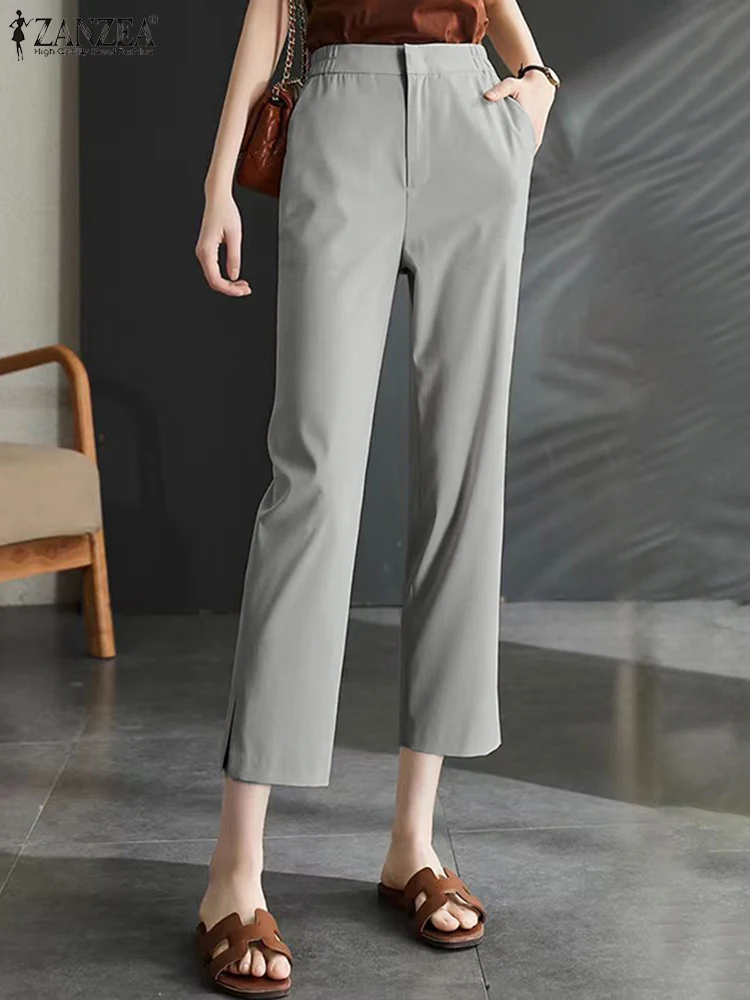 

ZANZEA Women Solid Cropped Trouser Vintage Long Pants Office Lady Elastic Mid Waist Pantalones Casual Split Straight Summer Pant