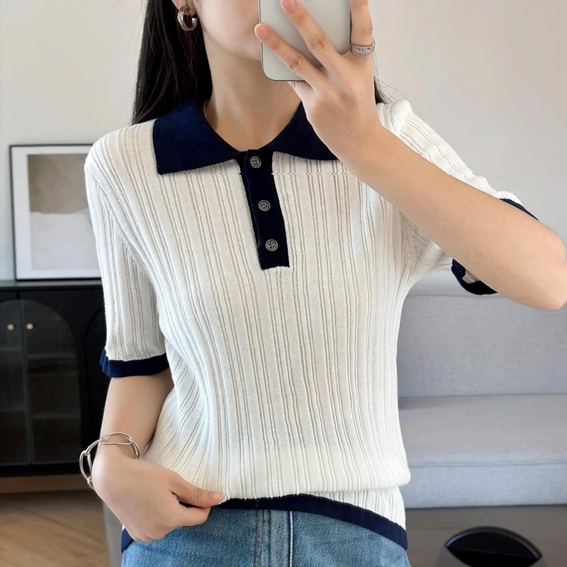 

Summer 100% cotton women's collar top T-shirt, color blocked knit slim fit short sleeved sweater, NEW women's pullover T-shirt