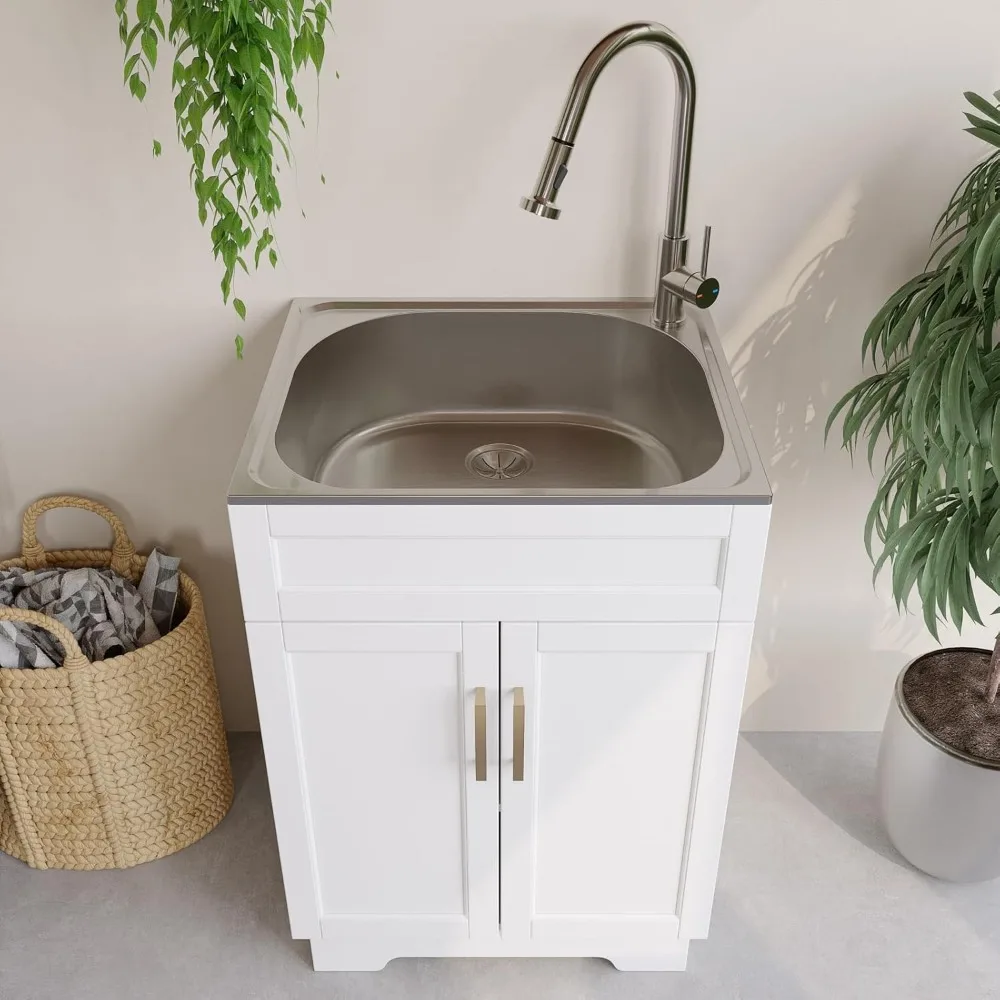 

Laundry Sink Cabinet with Stainless Steel Sink and Pull-Down Faucet, Utility Sink for Laundry/Utility Room, 24 Inch Bathroom Ki